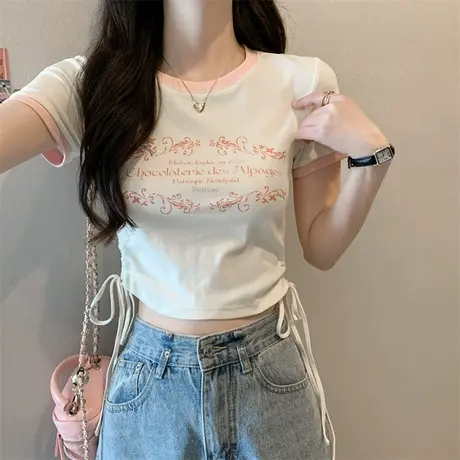 甜辣妹拼色插肩短袖修身t恤女简约风感印花时尚百搭抽绳短袖上衣商品大图