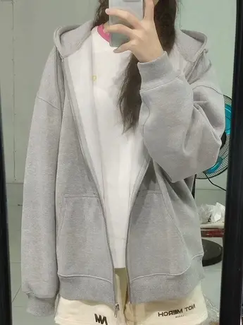 连帽卫衣女2023春秋宽松小个子高级感上衣慵懒风薄款开衫拉链外套图片