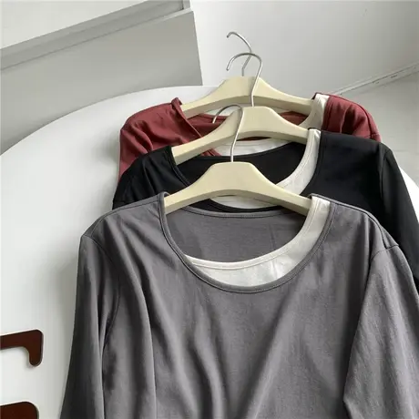 美式假两件长袖T恤打底衫女棉质秋季宽松简约设计感上衣T恤女韩版商品大图