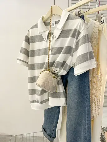 纯棉设计感polo领条纹短袖t恤女夏宽松小众港味复古chic上衣体恤商品大图