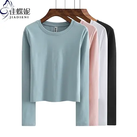 早春新款韩版短款纯欲圆领修身纯色纯棉长袖体恤上衣内搭女打底衫图片