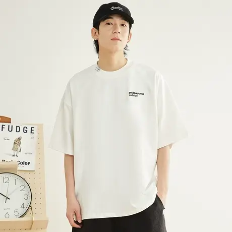 小字母刺绣高级感白色t恤短袖男款2023新款夏季宽松大码重磅体恤图片