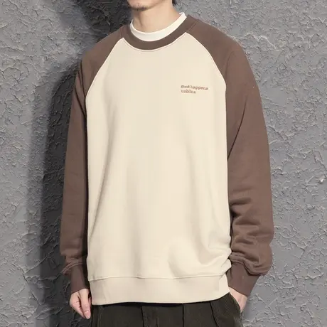 插肩袖撞色拼接文艺清新卫衣男高级感春秋季卫衣男潮牌痞帅外套商品大图