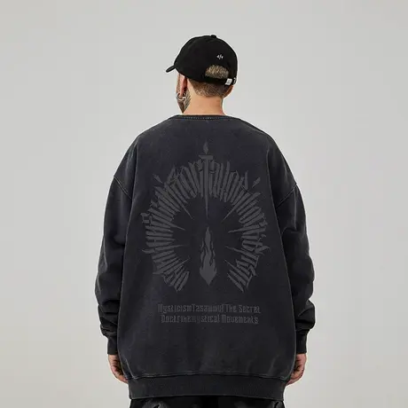 美式复古嘻哈大码圆领卫衣男装加肥加大纯棉重磅水洗做旧高街春秋图片