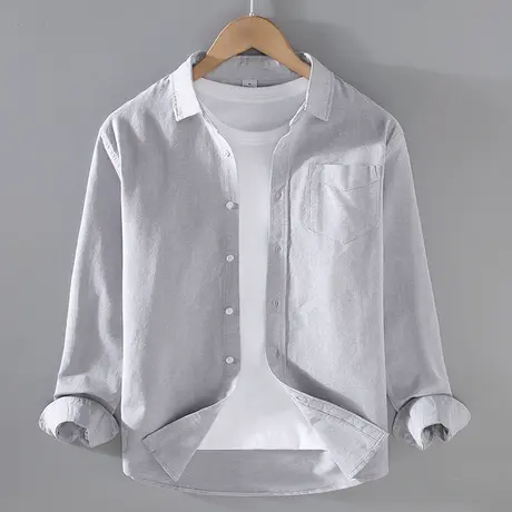 长袖衬衫男纯棉夏季薄款宽松百搭文艺棉白色衬衣男士休闲上衣外套商品大图