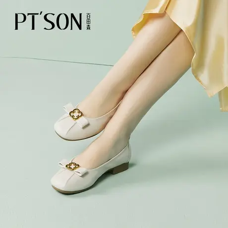 百田森牛皮单鞋女2022春秋新款低跟软底蝴蝶结扣妈妈女通勤鞋PTS商品大图