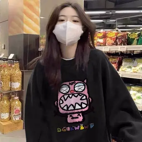 春秋季大码女装慵懒风圆领印花卫衣新款打底衫时尚上衣胖mm300斤商品大图