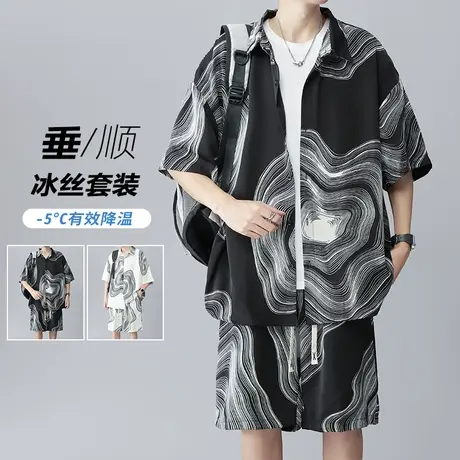 时尚休闲短袖衬衫冰丝套装男夏季运动宽松曲线线条短裤薄款一整套商品大图