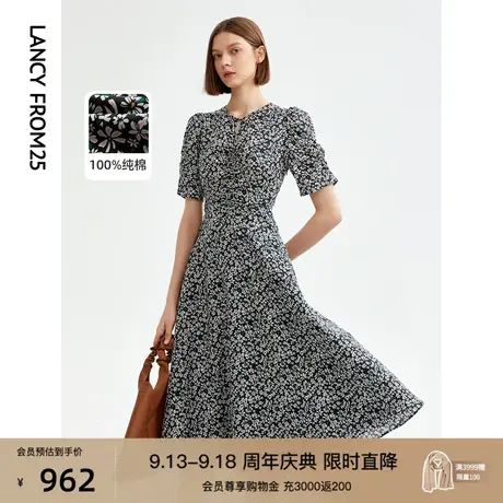 朗姿纯棉高级感气质收腰显瘦别致碎花泡泡袖连衣裙女2023夏季新款商品大图