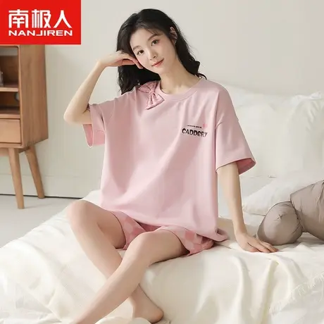 睡衣女夏天纯棉短袖短裤薄款套装夏季新款简约粉格子裤少女家居服商品大图