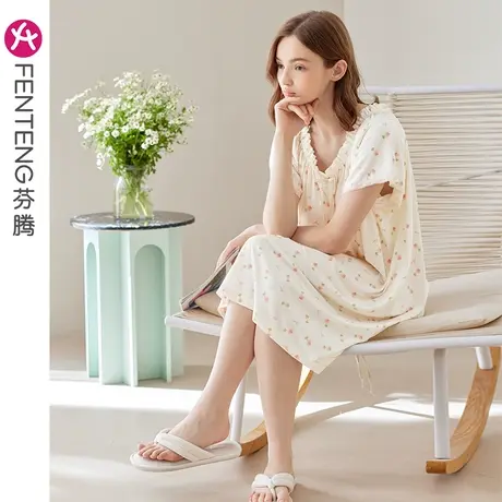 芬腾纯棉睡裙女睡衣夏季薄款V领透气带胸垫防凸点全棉舒适家居服商品大图