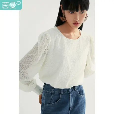 茵曼早秋装新款女绒毛圆领很仙的上衣超仙高级感白色长袖衬衫商品大图