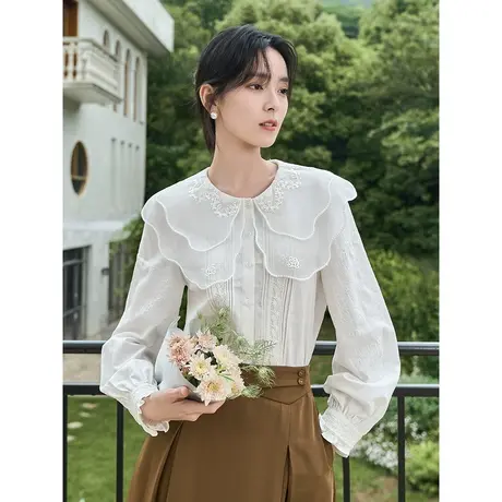 茵曼欧根纱双层领绣花衬衣2023秋女装新款全棉提花灯笼袖长袖上衣商品大图