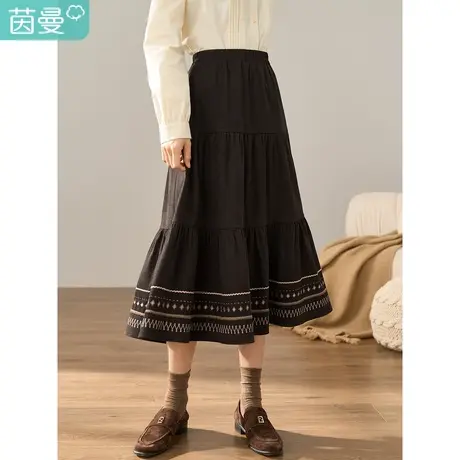 【商场同款】茵曼冬女装新款田园文艺绣花拼接A字塔裙半身裙图片