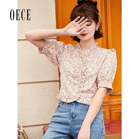 Oece甜美碎花衬衫2022夏装新款女装小仙女花边泡泡袖气质短袖上衣图片