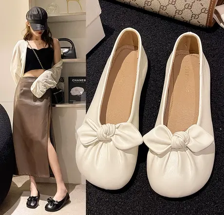 网红平底单鞋女2024夏秋新款百搭浅口蝴蝶结仙女鞋温柔奶奶豆豆鞋图片
