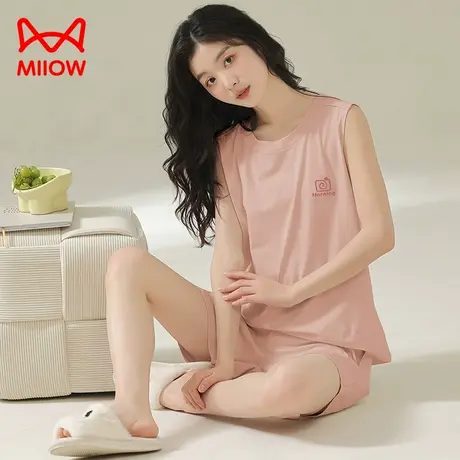 猫人莫代尔睡衣女夏天薄款吊带无袖背心短裤两件套冰丝凉感家居服图片