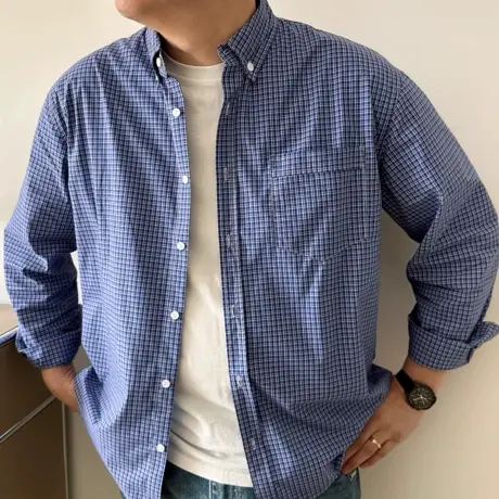 大依无忧大码男装春款小蓝格子帅气加肥加大男士长袖休闲衬衫衬衣商品大图