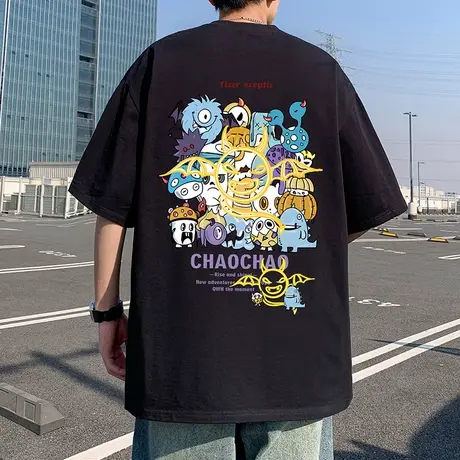 短袖t恤男夏季新款卡通休闲潮流宽松上衣半袖重磅纯棉透气体恤衫商品大图