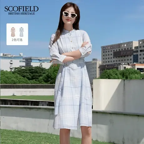 Scofield女装休闲格纹小立领连衣裙伞摆收腰衬衫长裙2025夏季新品图片
