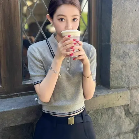 polo领冰丝针织衫短袖T恤女夏季韩系设计感小众收腰显瘦正肩上衣商品大图