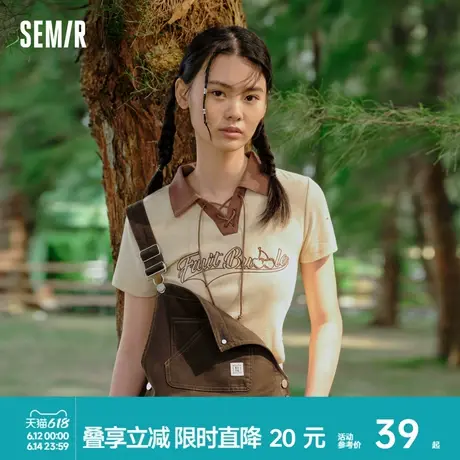 森马POLO衫女短款刺绣甜酷复古2023夏新款小个子撞色紧身上衣美式商品大图