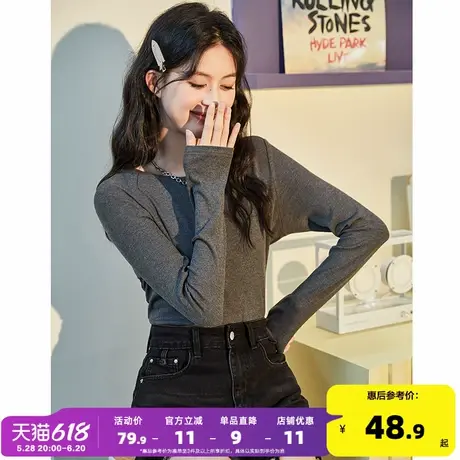 唐狮黑色加绒圆领内搭打底衫女2025春秋新款U领上衣半高领长袖T恤商品大图