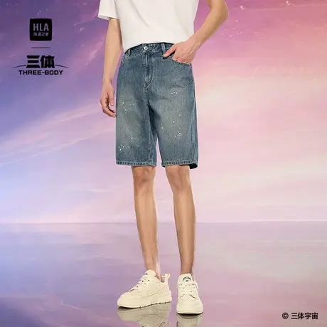 HLA/海澜之家三体联名系列牛仔中裤25春夏新腰里双色绣花短裤男商品大图