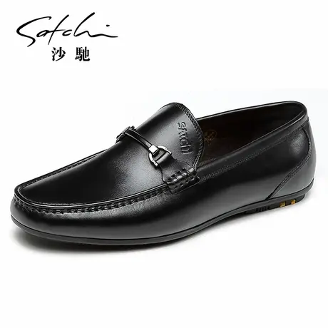 沙驰皮鞋男休闲鞋真皮潮流韩版黑色正品透气套脚单鞋商务休闲皮鞋商品大图