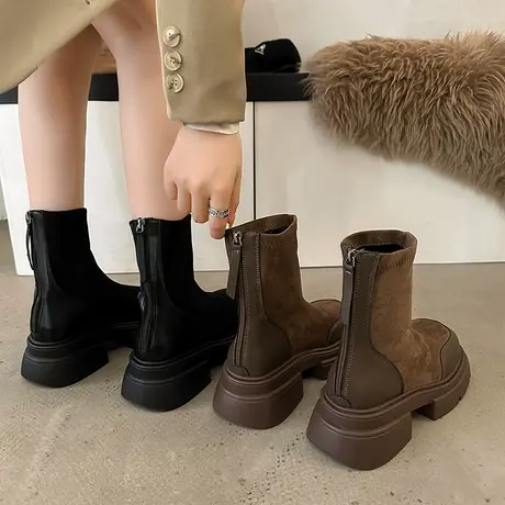 厚底短靴女2023新款早秋弹力瘦瘦靴复古英伦风马丁靴切尔西单鞋子商品大图