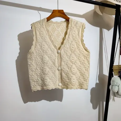 针织马甲开衫女春秋新款宽松v领复古菱格绞花毛衣背心小坎肩外套商品大图