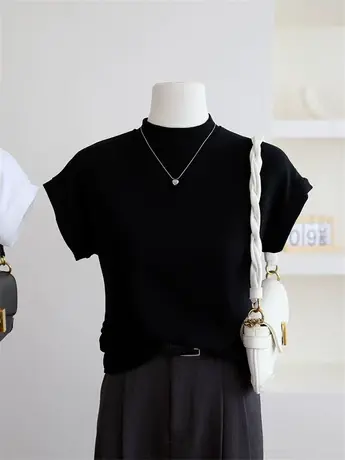 2023春秋内搭新款半高领修身显瘦短袖弹力简约百搭针织打底衫女商品大图