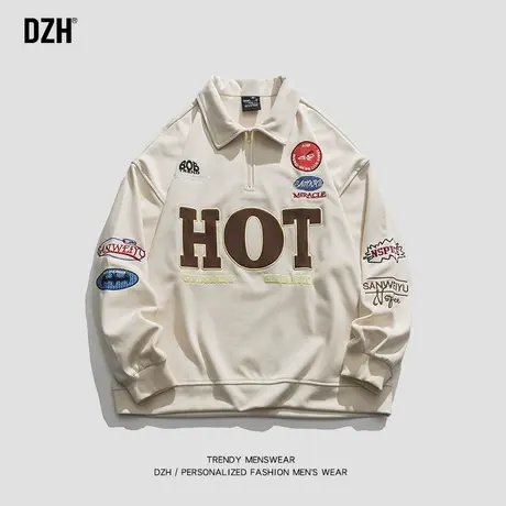 男士拉链翻领卫衣男秋季男装2023年新款运动贴标刺绣纯棉重磅外套商品大图