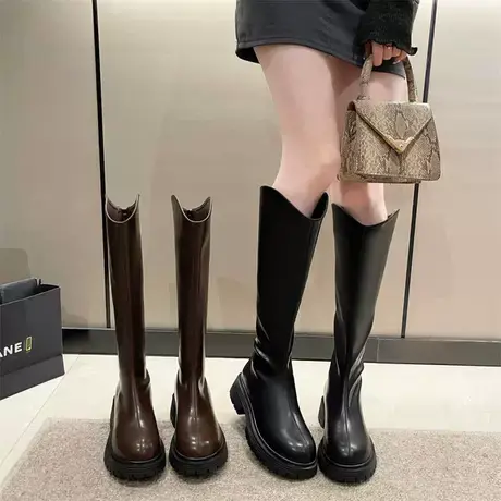长筒靴女2023年春秋季新款法式高级洋气瘦瘦靴粗跟高跟v口骑士靴图片