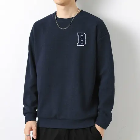 华夫格卫衣男潮牌潮流秋冬款圆领长袖t恤无帽宽松上衣服休闲百搭商品大图
