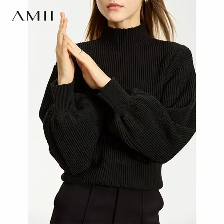 Amii羊毛毛衣女2025夏季新款极简宽松上衣半高领灯笼袖套头打底衫图片