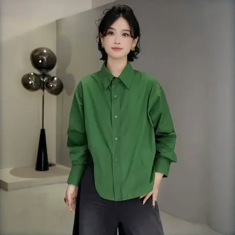 港风文艺复古下摆不规则长袖衬衫女2025早秋百搭宽松休闲防晒上衣商品大图
