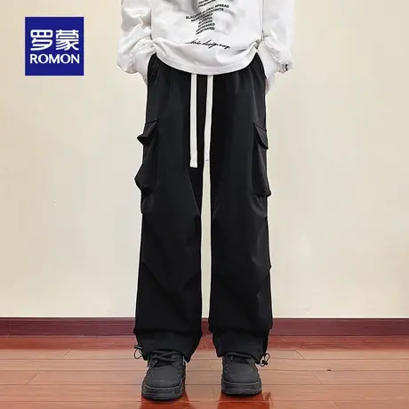 罗蒙男士日常休闲抽绳休闲裤2025秋季新款时尚潮流简约纯色工装裤商品大图