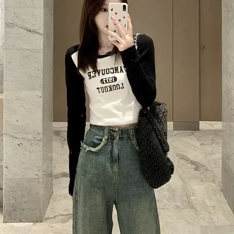 长袖t恤女装2023秋季新款设计感小众插肩打底衫内搭短款紧身上衣图片