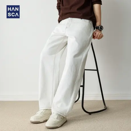 hansca白色直筒阔腿宽松牛仔裤男2025新款复古美式纯棉垂感休闲裤商品大图