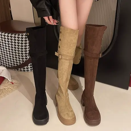 粗跟过膝长靴女2025年新款秋季百搭网红爆款靴子小个子高筒骑士靴图片