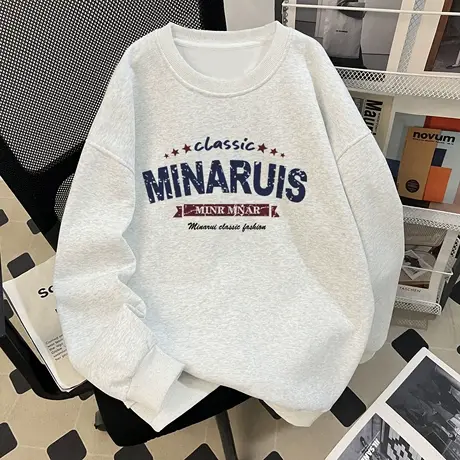 圆领灰色美式复古卫衣女早秋薄款宽松慵懒风oversize无帽长袖上衣商品大图