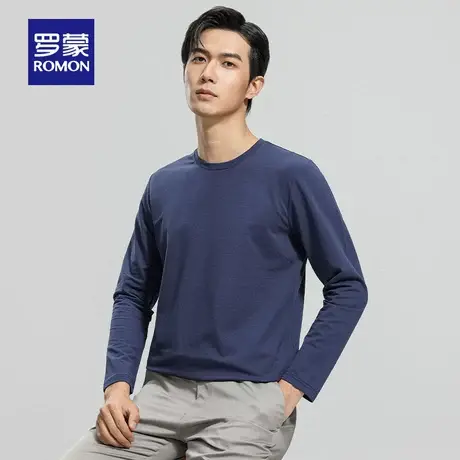 罗蒙男士时尚休闲纯色打底衫2023秋季新款圆领长袖T恤衫弹力上衣商品大图