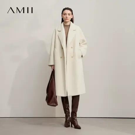 Amii2025冬新款极简双排扣长款宽松环保颗粒绒皮草外套大衣女图片