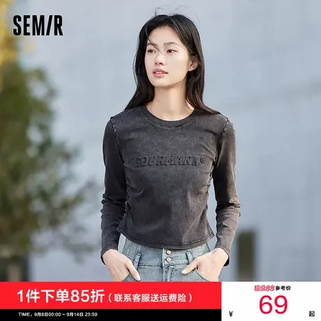 森马长袖T恤女短款做旧复古修身2024新款秋季弹力字母黑色上衣潮商品大图