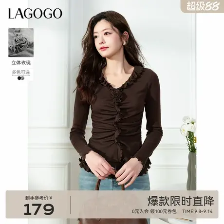 LAGOGO荷叶边修身显瘦长袖T恤女拉谷谷2025秋季新款琥珀流光上衣商品大图