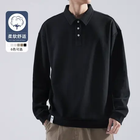 hansca纯色重磅长袖polo衫男2025新款春秋季简约百搭宽松翻领卫衣商品大图