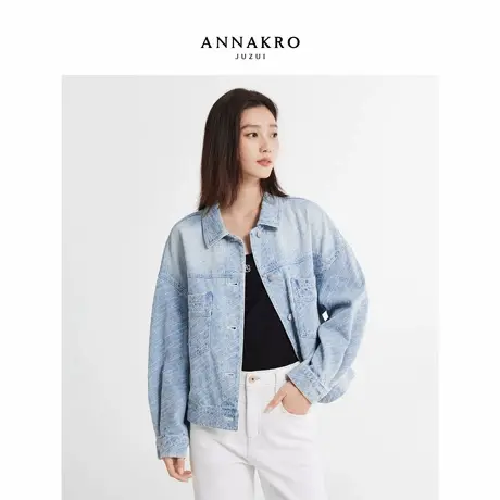 玖姿安娜蔻时髦减龄翻领宽松100%棉牛仔外套女2026春季新款图片