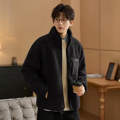 唐狮秋冬季新款仿羊羔毛外套男拼接短款立领宽松加厚保暖夹克TUTA图片