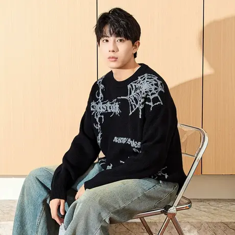 唐狮秋冬季新款男生毛衣日系复古休闲少年感黑色针织上衣宽松潮TE图片